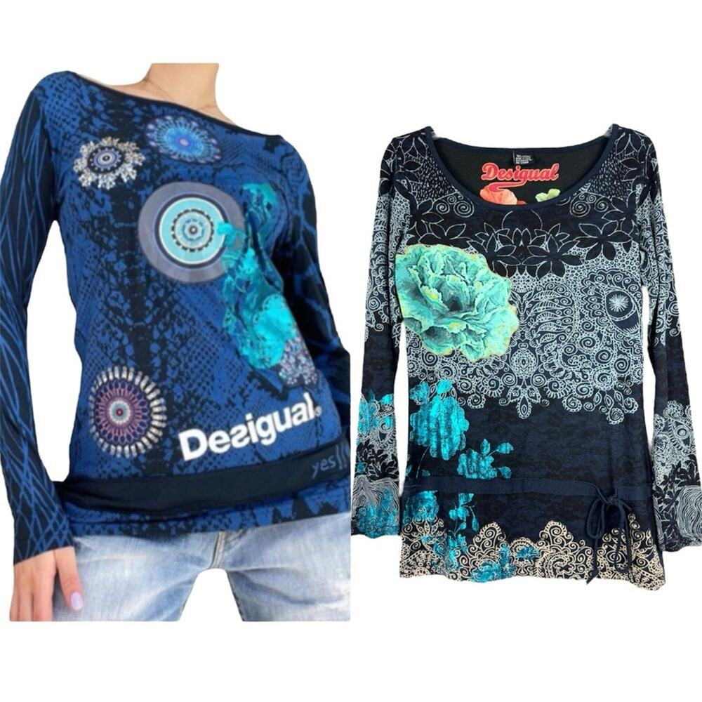 Vintage Y2K Desigual Artsy Tie Drop Waist Floral Metallic Detail Long‎ Sleeve M